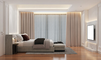 Modern luxury bedroom and white empty wall texture background interior design / 3D rendering 