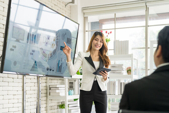 Asian Business Woman Present Business Strategy Plan To Corporate Colleagues In The Meeting Room. Group Of Asian Businesspeople Meeting Business Plan On White Board In The Office.