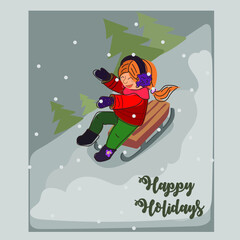 Merry Christmas! Postcards with children who are enjoying the Christmas holidays in snowy weather with a winter landscape. Children have fun and play with the snow and in the snow. 