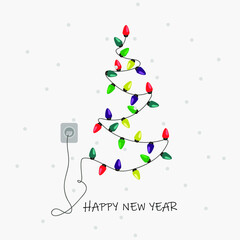 Multicolored light bulbs on the wall. Decoration on the wall. Greeting Card Happy New Year