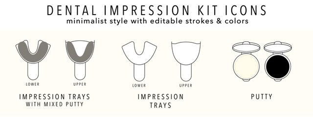 Dental Impression Kit for Night Guard, Mouth Guard, or CLear Aligners Icons of Upper and Lower Impression Trays and Putty Line Art Minimalist Style with Editable Strokes and Colors