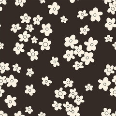 Small scaled hippie seamless vector pattern. Nostalgic retro 60s-70s groovy print. Vintage floral background. Textile and surface design with old fashioned hand drawn naive geometric flowers