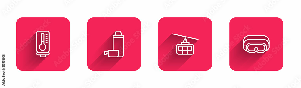 Wall mural set line meteorology thermometer, thermos container, cable car and ski goggles with long shadow. red