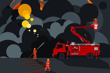 Fire engine with firemen and fire incidents, vector illustration and flat design.