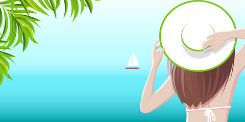 Girl in a hat resting on the shores of the azure sea under palm trees with the ship2