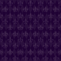 Mardi Gras seamless background. Purple background with diamonds and royal lilies. Vector illustration isolated on a white background for design and web.