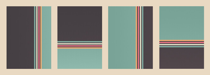 Set of Retro backgrounds with stripes and half-tone dots texture in 1970s style. Vintage template for cover or banner. Vector illustration in retro colors.