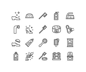 Shoe Cleaning flat line icons set. Contains such icons as Shoe Care, washing, processing, protection, Brush, Sponges. Simple flat vector illustration for web site or mobile app