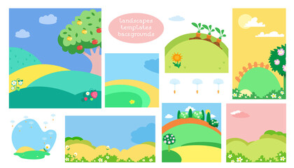 Fototapeta premium ДлSet natural landscapes with hills, sky, plants, tree. Template for paintings and compositions. Background for design. Flat cartoon style. Vector color illustration.я Интернета