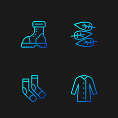 Set line Raincoat, Socks, Waterproof rubber boot and Leaf or leaves. Gradient color icons. Vector