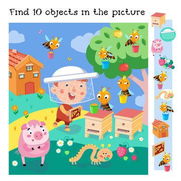 Find 10 hidden objects. Educational game for children. Cute beekeeper on farm. Vector color illustration in cartoon style.