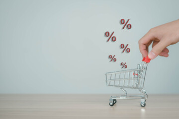 Shopping cart users and red percentage interest rate concept. Productivity. Increase sales. Business growth. growth rate trading performance