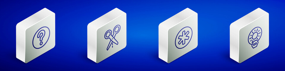 Set Isometric line Unknown search, Scissors with cut line, Medical symbol of the Emergency and No direct sunlight icon. Vector