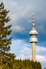 Fototapeta premium Tower Snezhana on peak of Snezhana covered with spruce forests in Rhodope mountains