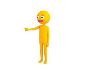 Yellow Man character pointing finger to the left  in 3d rendering.