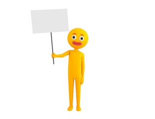 Yellow Man character holding blank banner in 3d rendering.