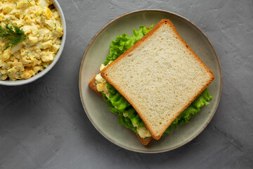 Homemade Egg Salad Sandwich with Lettuce on a Plate, top view. Flat lay, overhead, from above.