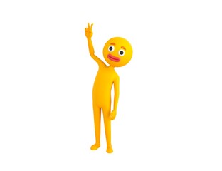 Yellow Man character showing two finger  in 3d rendering.