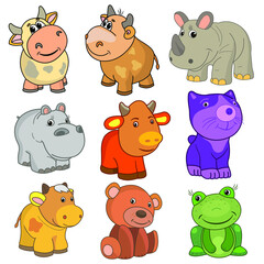 unny animals, cartoon style, stickers. Cow, rhinoceros, hippo, cat, bear, frog.