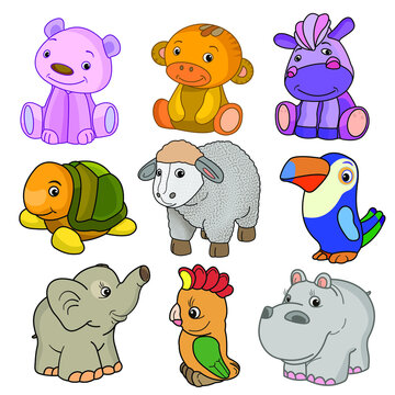 Funny animals, cartoon style, stickers. Bear, monkey, donkey, turtle, sheep, parrot, elephant, hippo.
