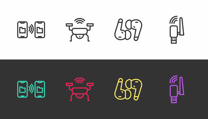 Set line Data transfer and storage, Smart drone system, Air headphones and Usb wireless adapter on black and white. Vector