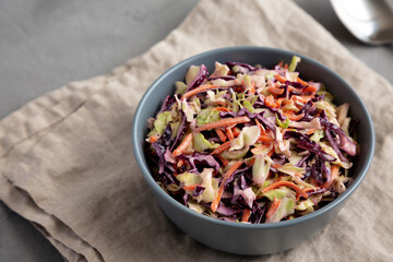 Homemade Coleslaw with Cabbage and Carrots in a Bowl, side view. Copy space.