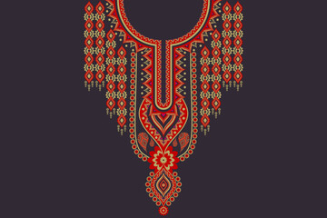 Vector ethnic neckline embroidery flower red-gold color Indian style on black background. Elegant tribal art shirts fashion.