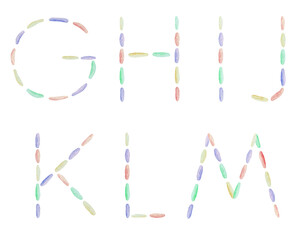 Watercolor embroidery colorful letters G H I J K L M of alphabet. ABC symbols with machine embroidered texture, stitch effect Illustration.