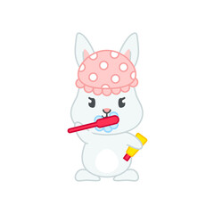 Cute bunny brushing its teeth. Flat cartoon illustration of a little gray rabbit with toothpaste and a toothbrush isolated on a white background. Vector 10 EPS.