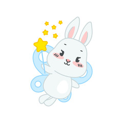 Cute fairy bunny. Flat cartoon illustration of a happy little rabbit with butterfly wings and a magic wand isolated on a white background. Vector 10 EPS.