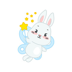 Obraz premium Cute fairy bunny. Flat cartoon illustration of a happy little rabbit with butterfly wings and a magic wand isolated on a white background. Vector 10 EPS.