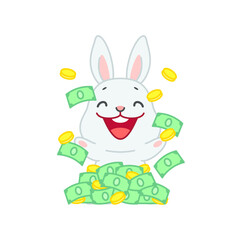 Cute bunny swimming in money. Flat cartoon illustration of a little gray rabbit with a lot of money isolated on a white background. Vector 10 EPS.