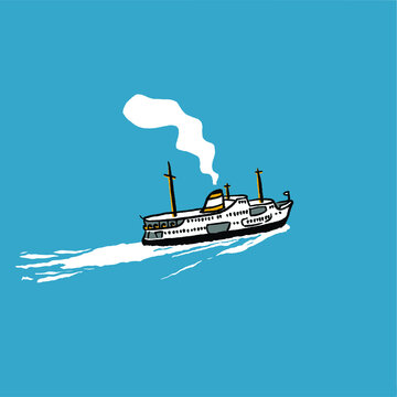 Ferry passing through Istanbul bosphorus. Isometric vector on blue background. Istanbul vapuru.
