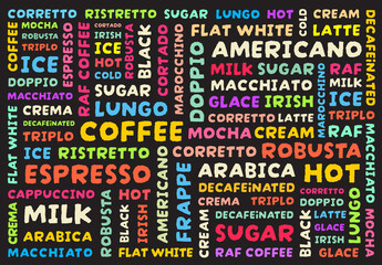 Coffee background. Background made of multi-colored text on the theme of coffee.  
Free Daruma Drop One font SIL Open Font License was used in the design.