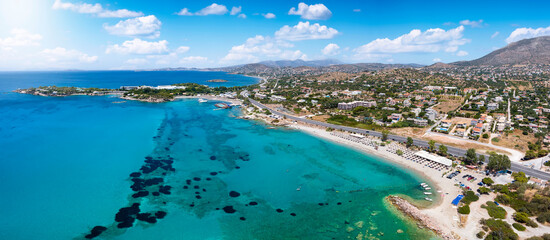 Aerial view of the beautiful Kiteza beach at Lagonisi, south of Athens city, Attica, Greece, during...