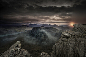 Sunrise, Assynt and Coigach mountains, Northwest highlands, Scotland.
