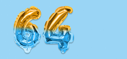 Rainbow foil balloon number, digit sixty four on a blue background. Birthday greeting card with inscription 64. Top view. Numerical digit. Celebration event, template. Banner