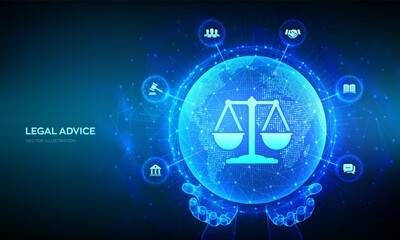 Labor law, Lawyer, Attorney at law, Legal advice concept. Internet law as digital online legal services. World map point and line composition. Earth planet globe in wireframe hands Vector illustration