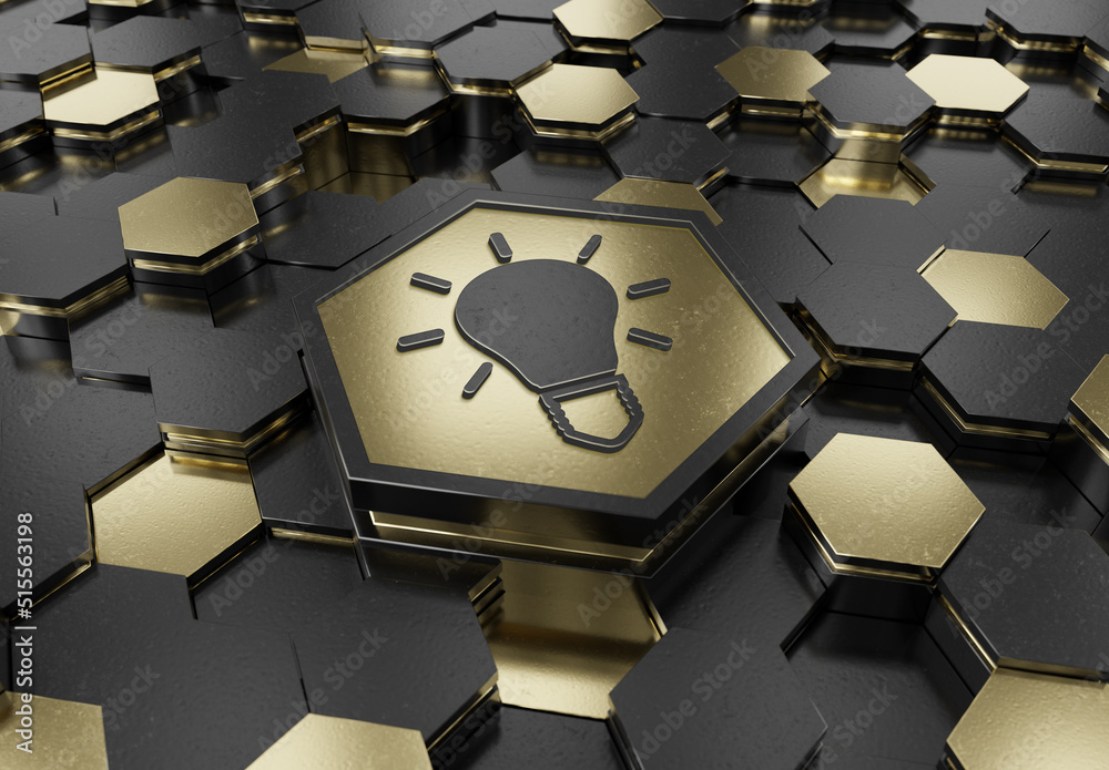 Aufkleber Lightbulb icon creativity concept engraved on metal hexagonal pedestral background. Innovation symbol glowing on abstract digital surface. 3d rendering