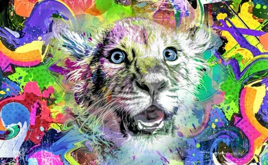Fototapeten kleines verspieltes Löwenjunges auf einem hellen abstrakten Hintergrund © reznik_val