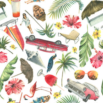 Tropical print with seamless pattern on the theme of Caribbean holidays. Watercolor illustration on a white background from a large CUBA set. For textiles, beach accessories, clothing, souvenirs.