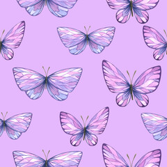 Fototapeta na wymiar Abstract butterflies are pink and purple. Watercolor illustration. Seamless pattern from a large Lavender SPA set. For fabric, textiles, wallpaper, paper, packaging, souvenirs, clothing, accessories.