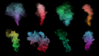 Set of colored smoke in different colors isolated on a black background. 