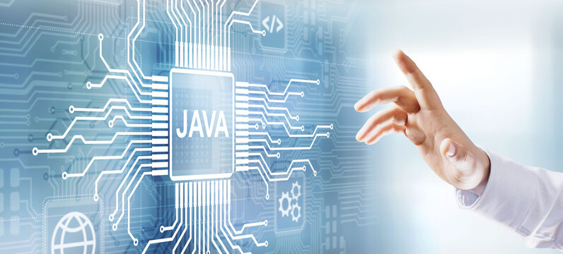 Java programming language application and web development concept on virtual screen.
