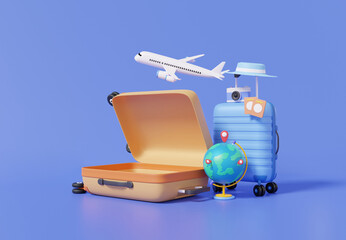 Open suitcase flight airplane travel tourism plane trip planning world tour luggage with Terrestrial globe location, leisure touring holiday summer concept. Cartoon minimal 3d render illustration.