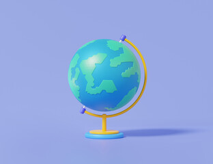 3D Terrestrial globe single icon on purple background science learning, geography education. travel Minimal cartoon cute smooth 3d rendering illustration.