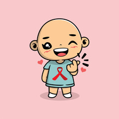 little boy with cancer making heart sign with finger