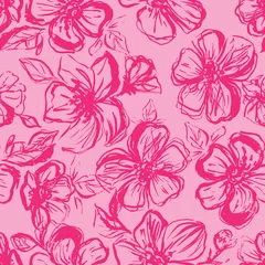 Tuinposter Seamless floral pattern on pink background. Abstract pink flowers, contour doodles. Stylish floral pattern for fashionable and interior textiles. Vector illustration © Галина Ярыгина