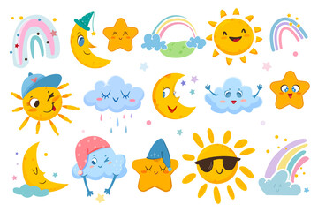 Fototapeta na wymiar Flat weather set with cute sun, sleep moon, colorful rainbow, funny clouds and sweet stars isolated on white background. Vector stickers icons with happy emotions. Childish characters for kids.