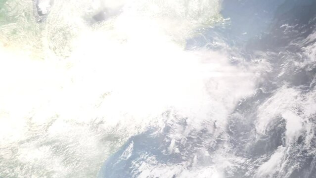 Earth zoom in from outer space to city. Zooming on Newport News, Virginia, USA. The animation continues by zoom out through clouds and atmosphere into space. Images from NASA